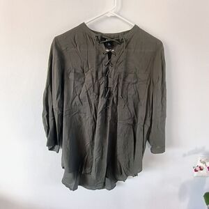 A.N.A Petite Olive Green Lace Up Blouse Boho Chic Flowy Top PL